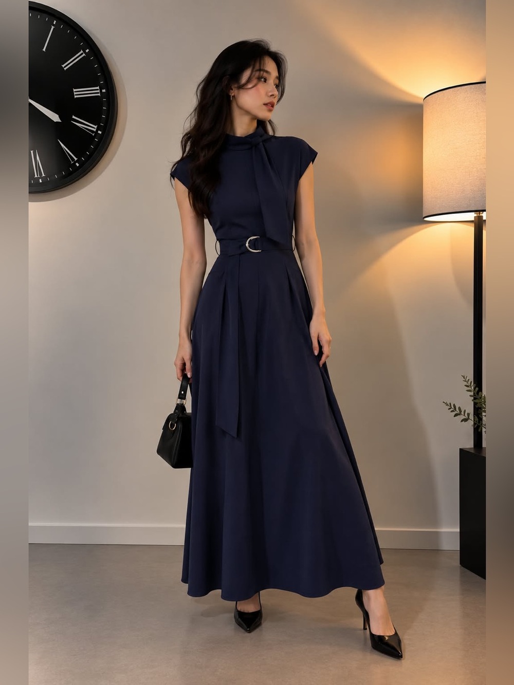 Commense Navy Tie-Neck Belted Maxi Dress with D-Ring Waist